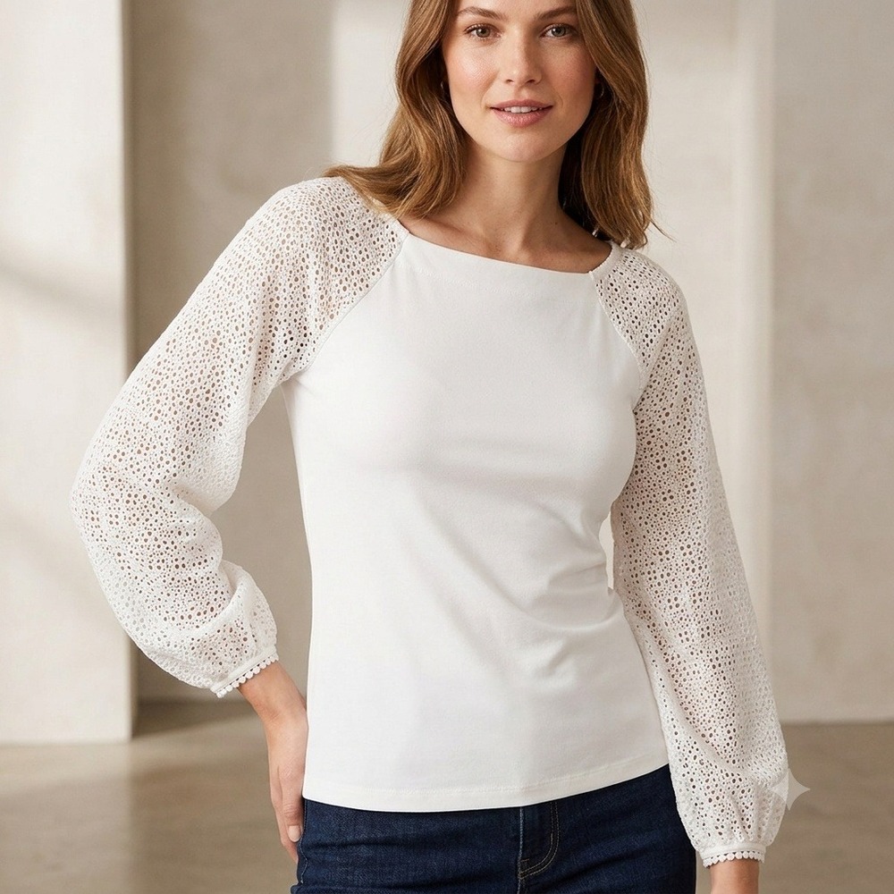 Ann Taylor Blouse Women Size SP White Eyelet Raglan Sleeve Knit Square Neck Top
